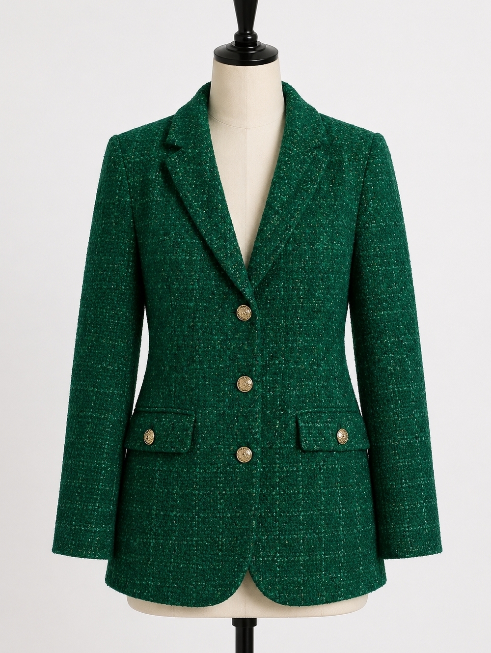 Zara Emerald Green Tweed Blazer with Gold Buttons